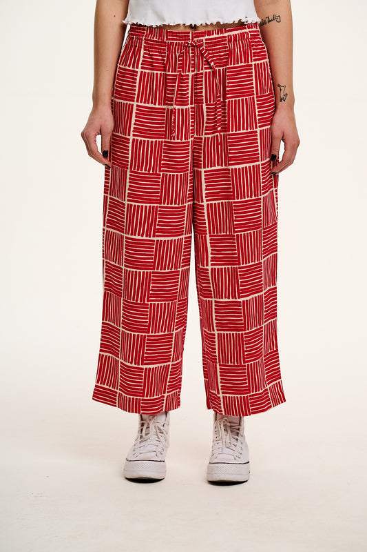Chuck - Wide Leg Cotton Trousers in Red Geo Print