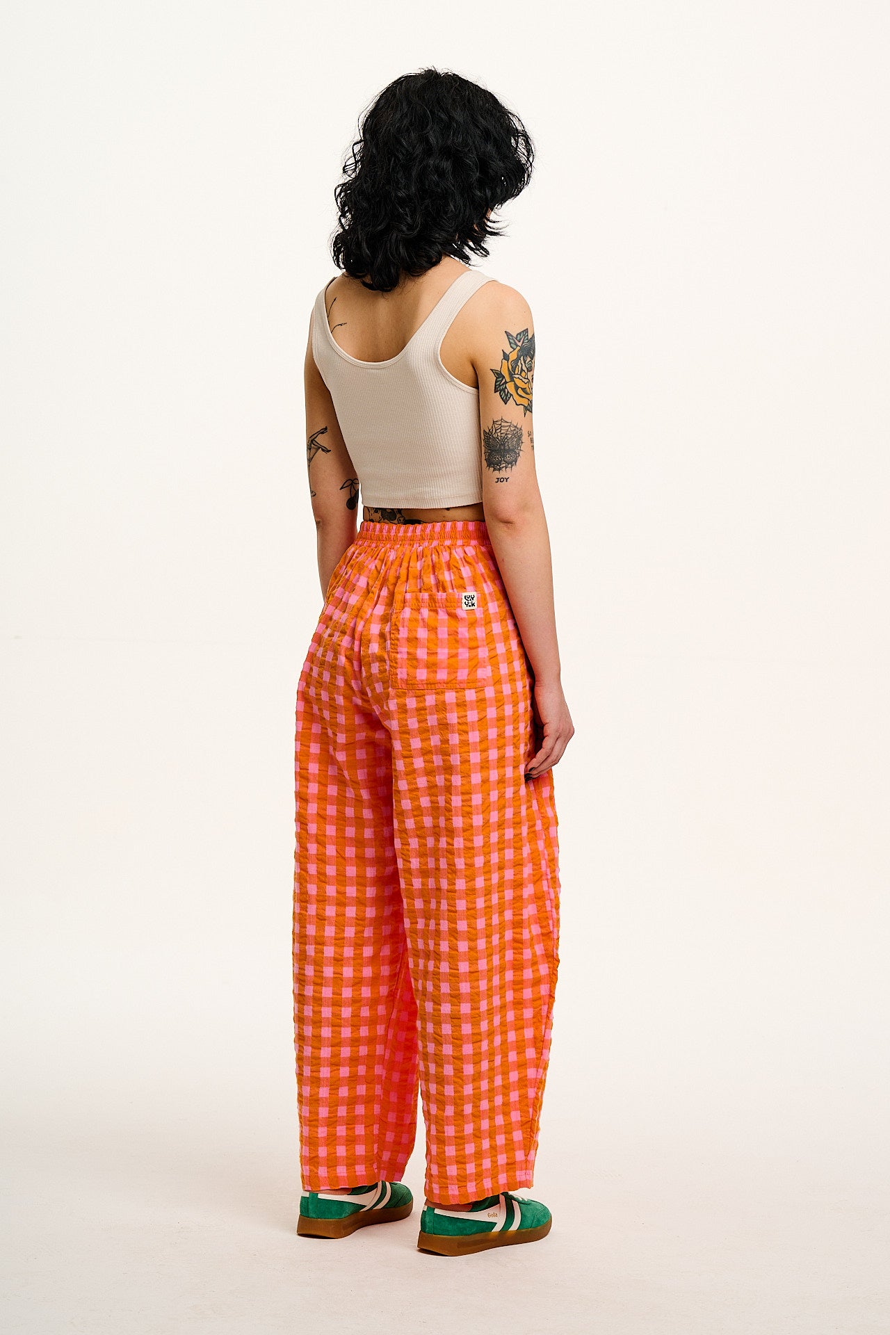 Freddie - Barrel Leg Cotton Seersucker Trousers in Pink & Orange Gingham