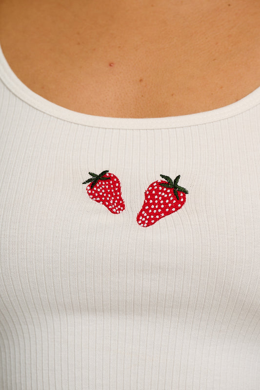 Josy - Vest Top in Ecru with Strawberry Embroidery