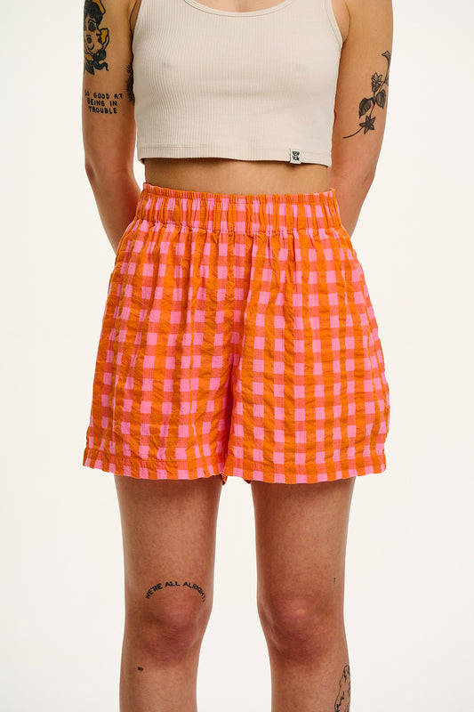 Jessie - Cotton Seersucker Shorts in Pink & Orange Gingham