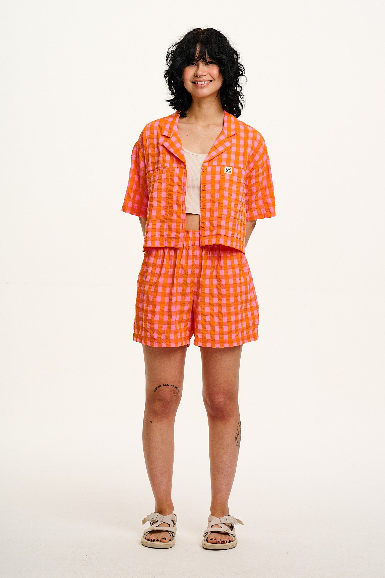 Alfie - Cotton Seersucker Shirt in Pink & Orange Gingham