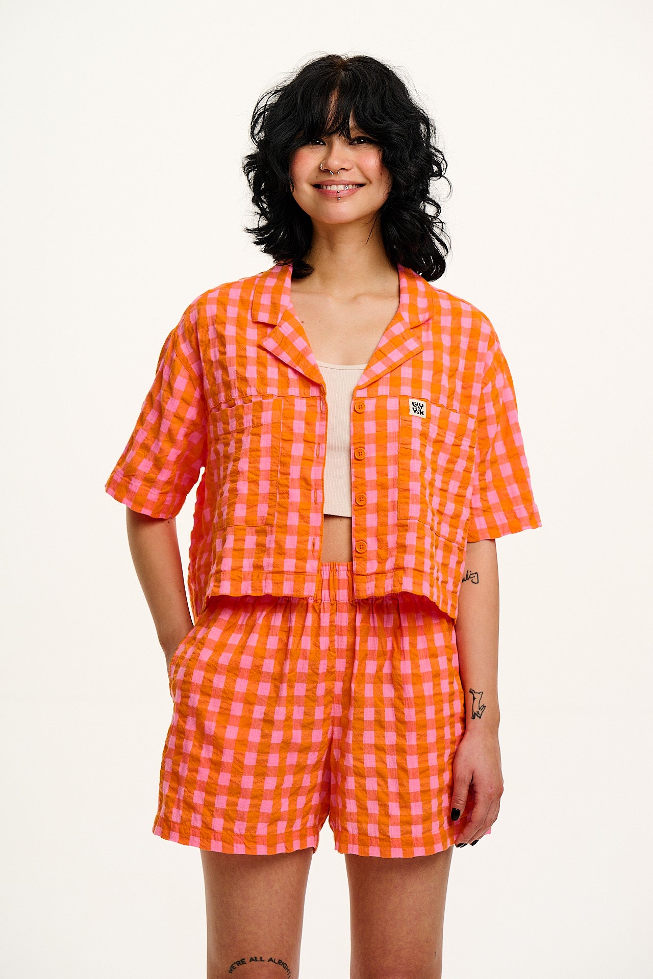 Jessie - Cotton Seersucker Shorts in Pink & Orange Gingham