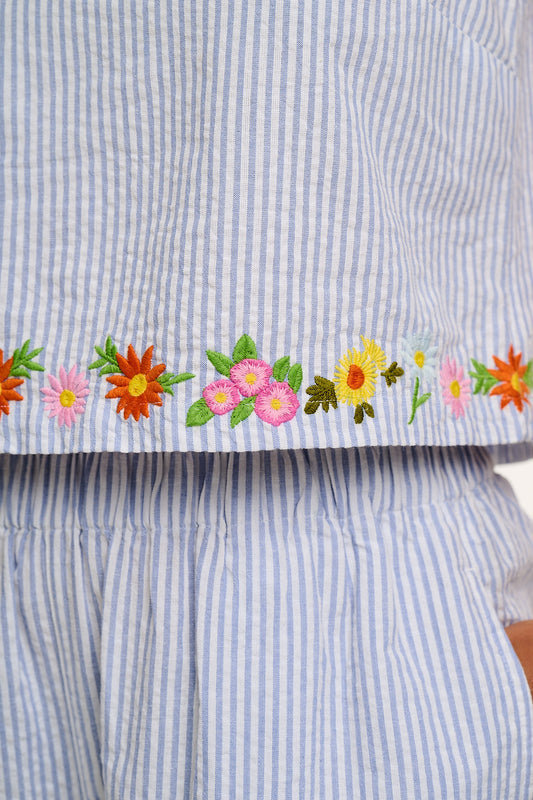 Arden - Cotton Seersucker Shell Top in Blue Stripe with Floral Embroidery