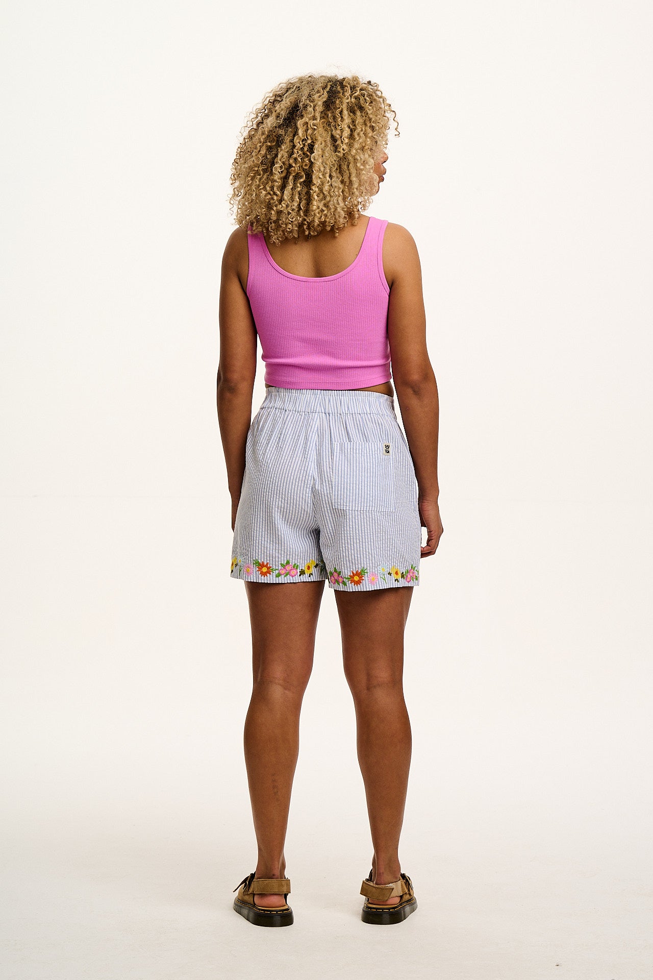 Jessie - Cotton Seersucker Shorts in Blue Stripe with Floral Embroidery
