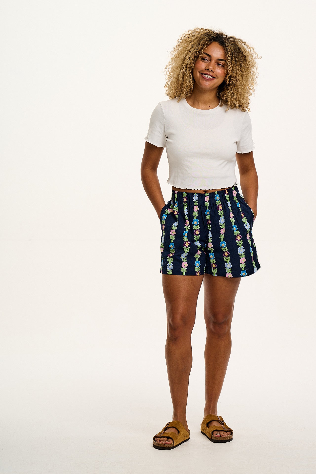 Jessie - Cotton & Linen Shorts in Navy Island Bloom Floral Print