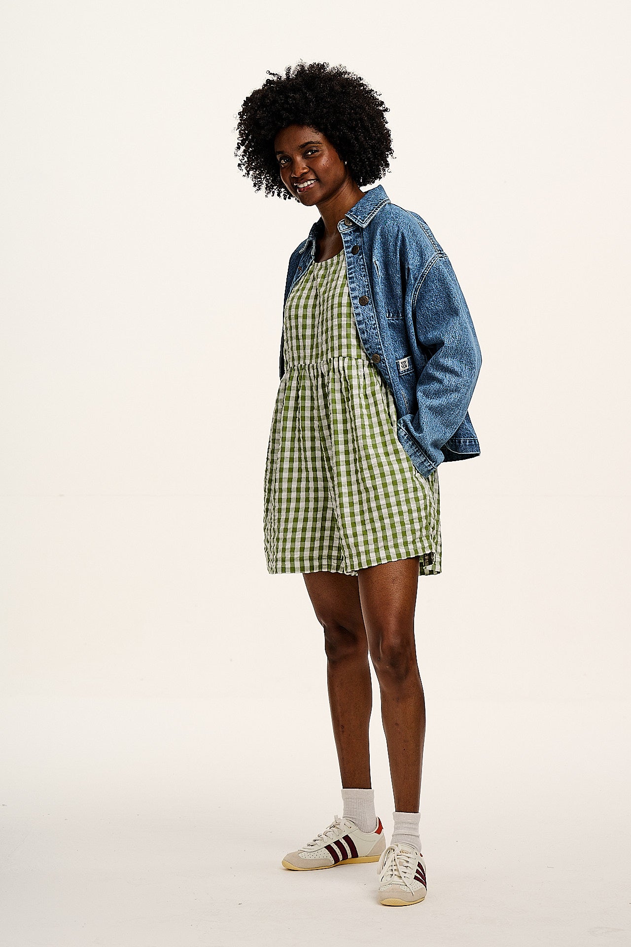 Alisa - Cotton Playsuit in Green & White Gingham