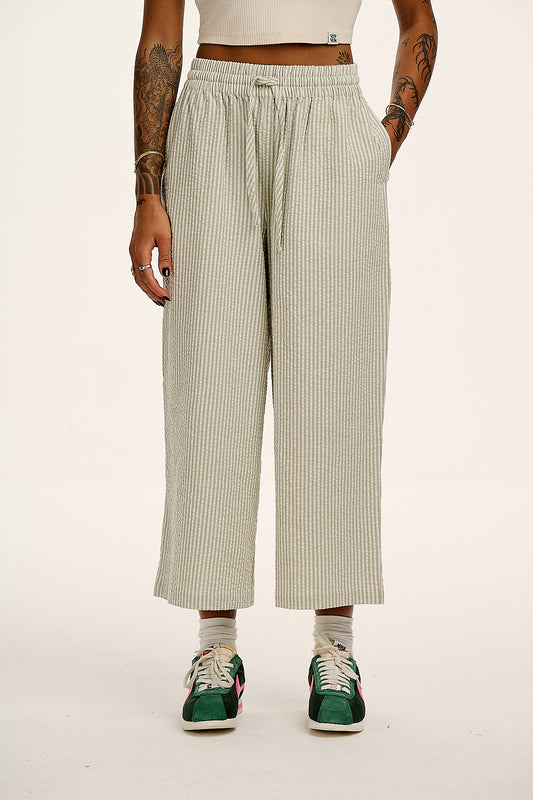 Chuck - Wide Leg Cotton Trousers in Green Stripe