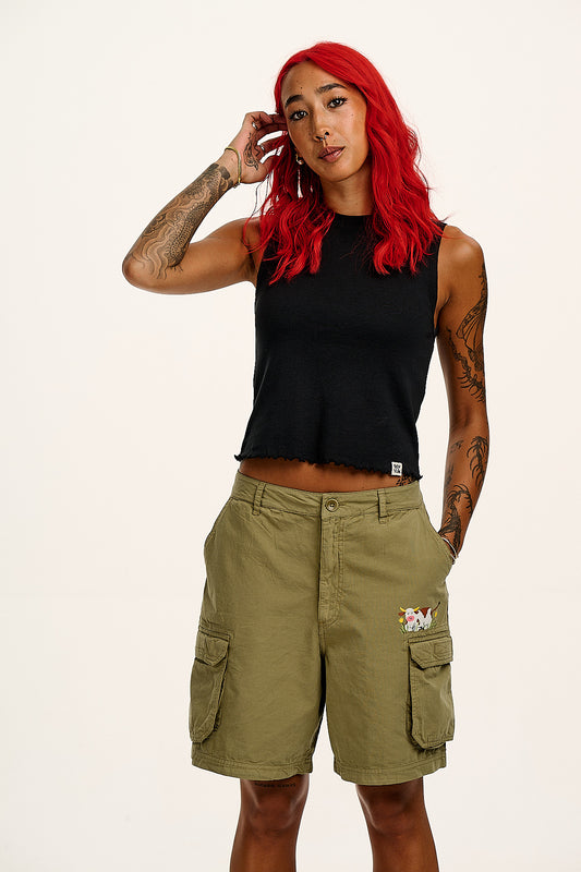 L.E. Avery - Cotton Cargo Shorts with Hand-Painted Cow Print