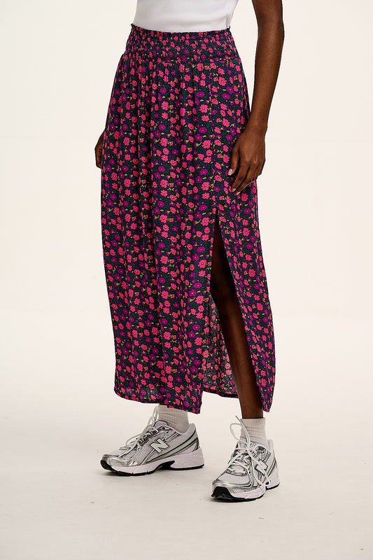 Poppy - Elasticated Waist Skirt in Purple Ditsy Floral Print