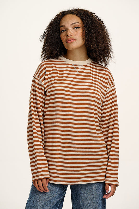 Murat - Long Sleeve Lightweight Cotton & Hemp T-Shirt in Amber & Ecru Stripe