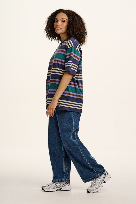 Benny - Oversized Cotton Tee in Blue Earthy Stripe