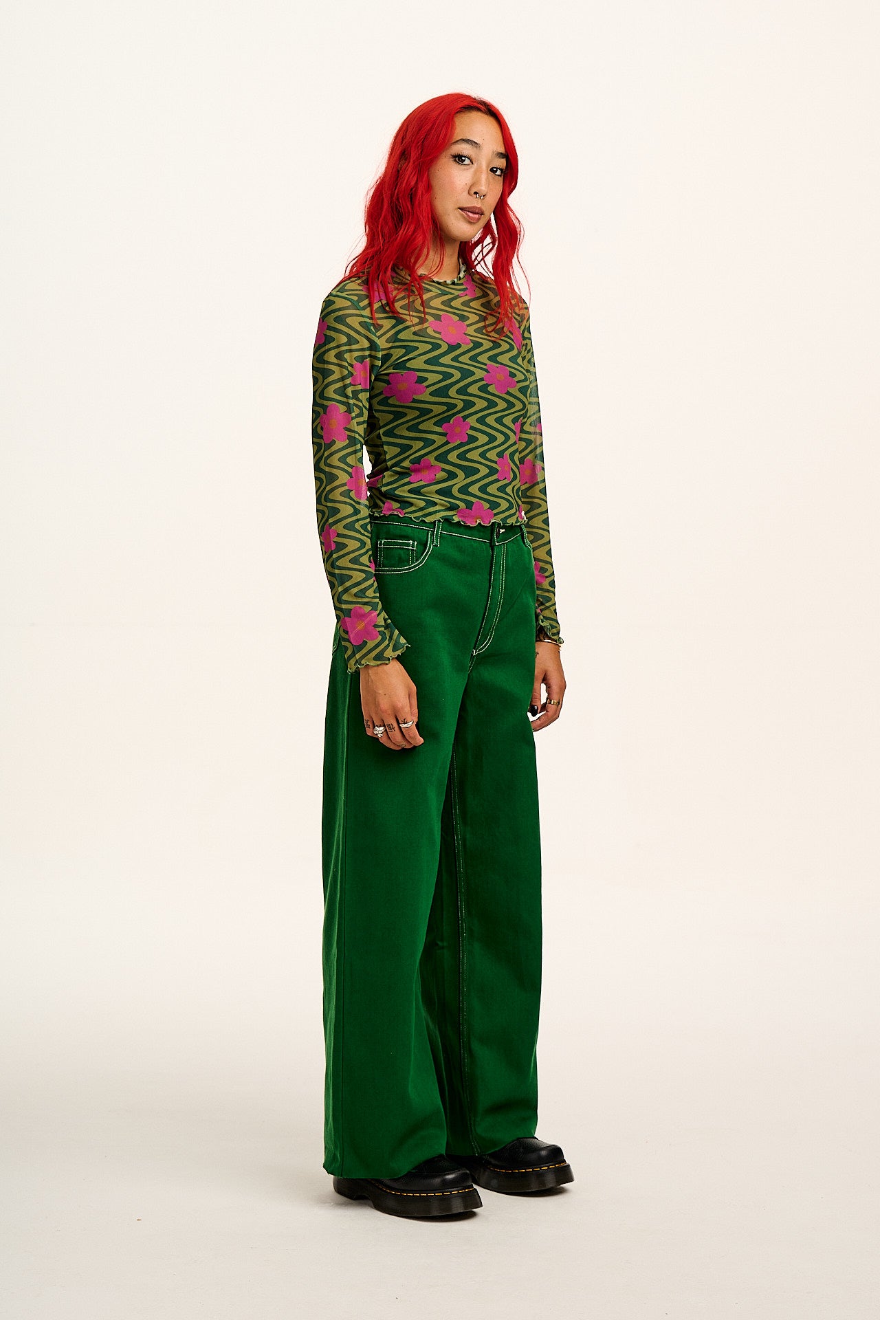 Perrie - Long Sleeve Mesh Top in Green Floral Swirl Print