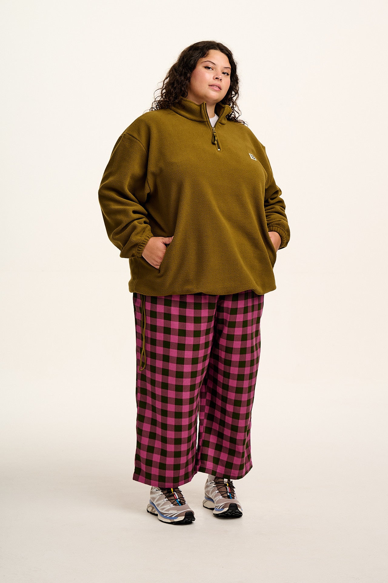 Chuck - Wide Leg Cotton Trousers in Pink and Green Checkerboard