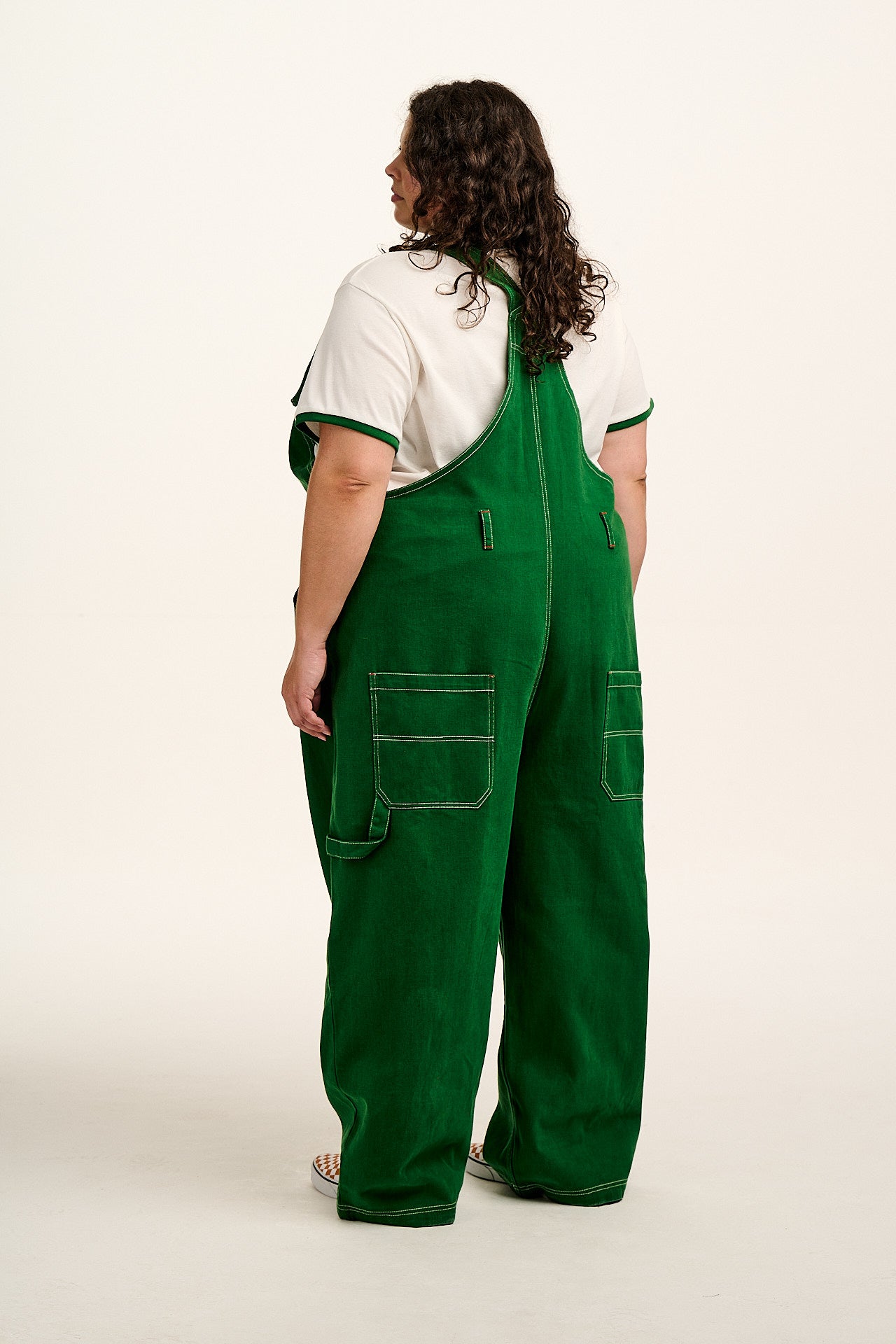 Mullen - Cotton Dungarees in Green Contrast Stitch