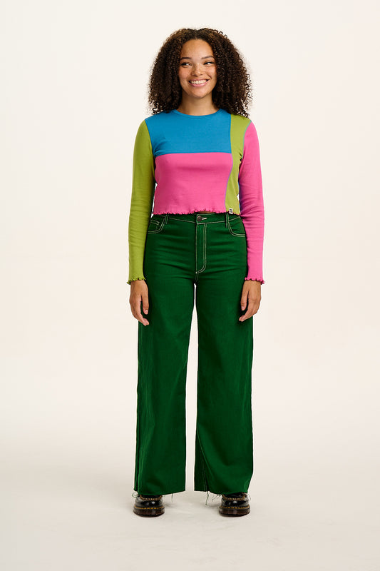 Hansel - Long Sleeve Cotton Crop Top in Pink, Blue & Green