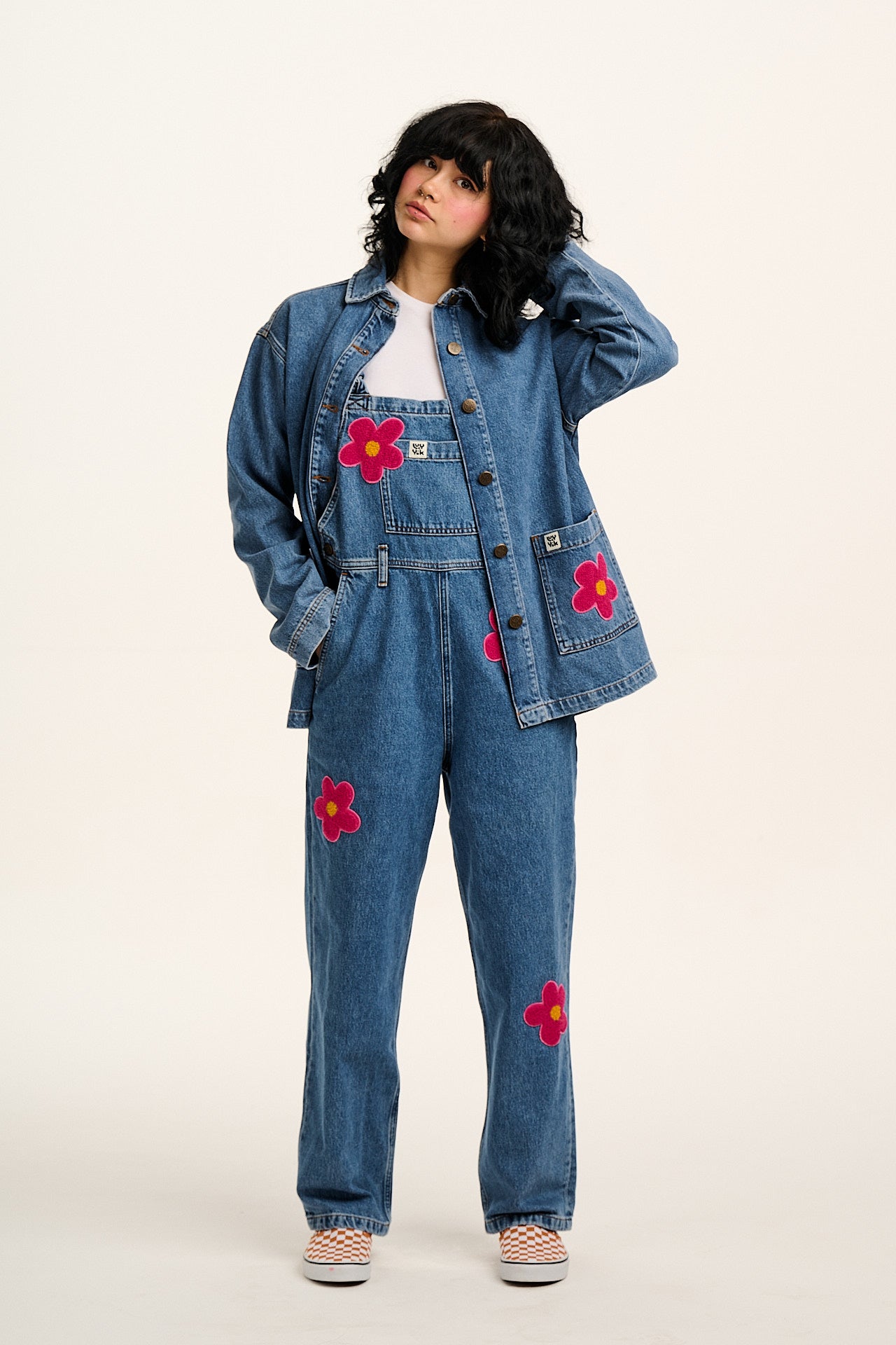 Easton - Denim Dungarees in Mid Wash Blue with Pink Flower Motif