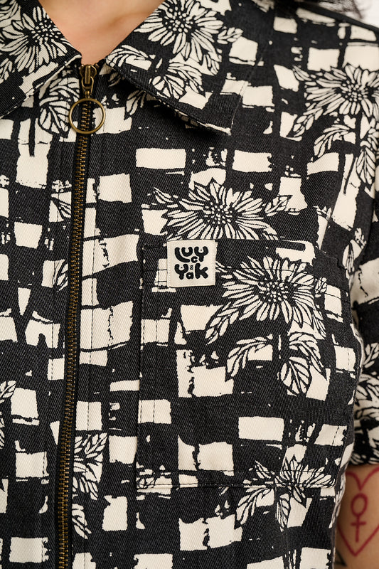 L.E. Ragan - Cotton Jumpsuit in Black & White Sunflower Check