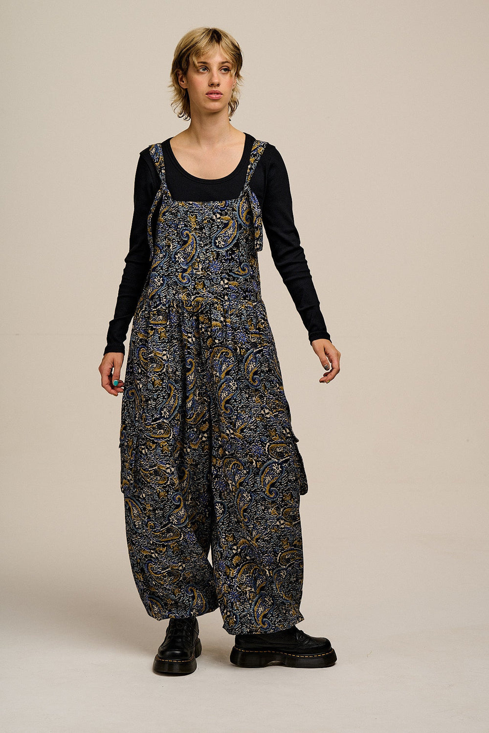 Miyada - Brushed Cotton Balloon Leg Dungarees in Grunge Blue Paisley Print