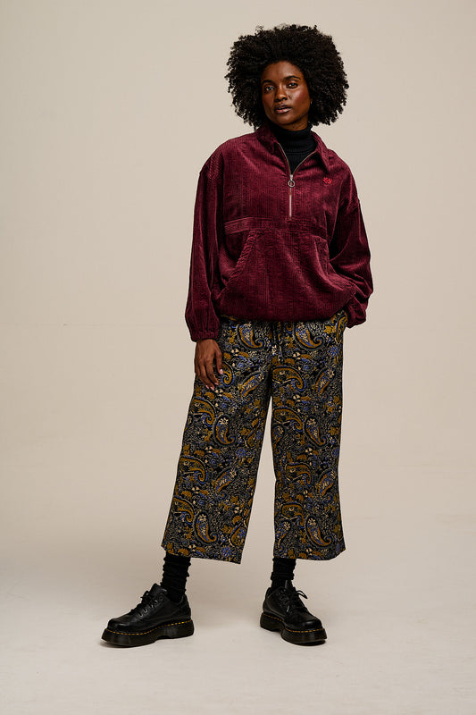Chuck - Wide Leg Cotton Trousers in Grunge Blue Paisley Print