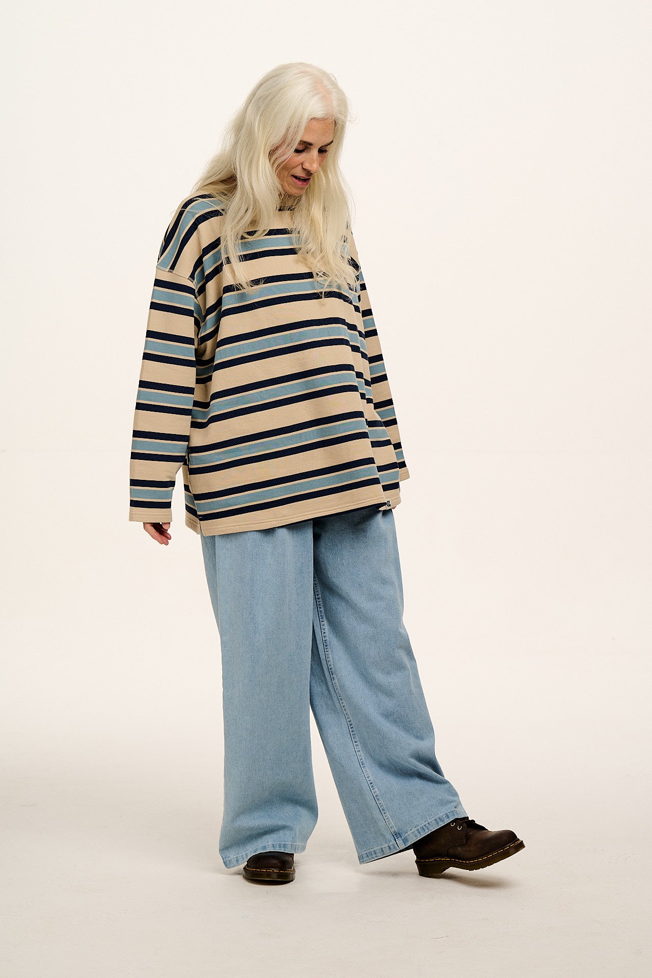 Kai - Midweight Cotton Crew Neck Sweatshirt in Blue Stripe