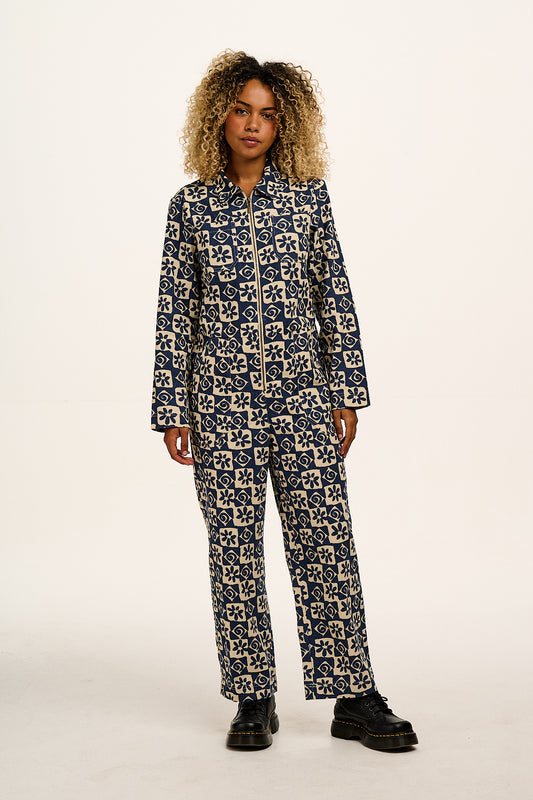 Arendal - Cotton Long Sleeve Jumpsuit in Blue Floral Check Print
