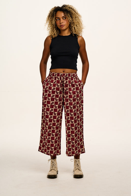 Chuck - Wide Leg Cotton Trousers in Maroon & Ecru Floral Check