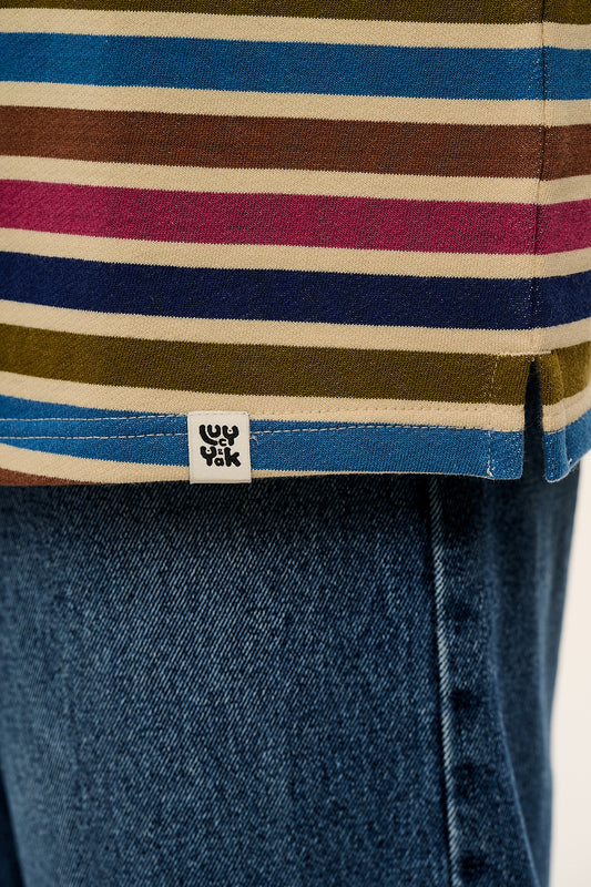 Kai - Midweight Cotton Crew Neck Sweatshirt in Rainbow & Ecru Stripe