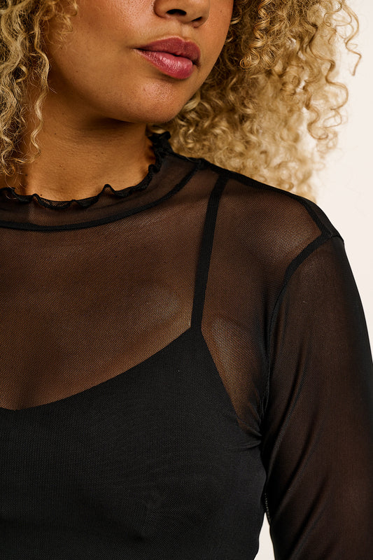 Perrie - Long Sleeve Mesh Top in Black