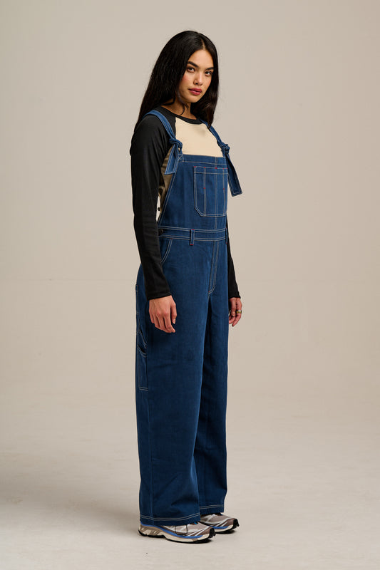 Mullen - Cotton Dungarees in Navy with Contrast Stitch
