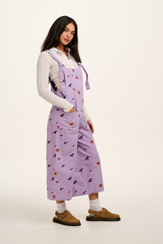 Jenny - Wide Leg Cotton Dungarees in Lilac with Floral Embroidery