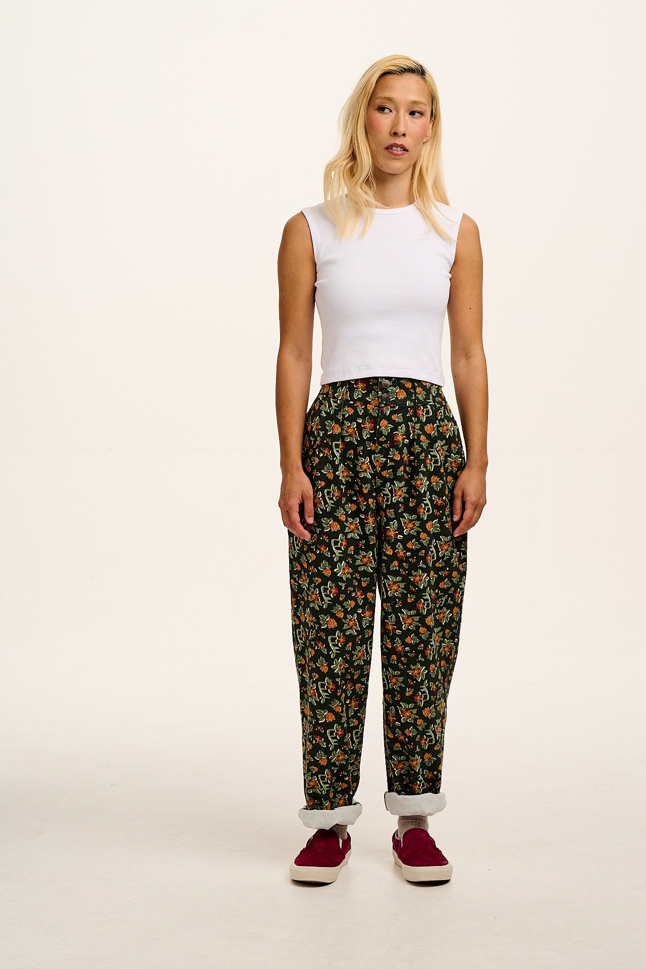Addison - Cotton Jeans in Green Floral Print