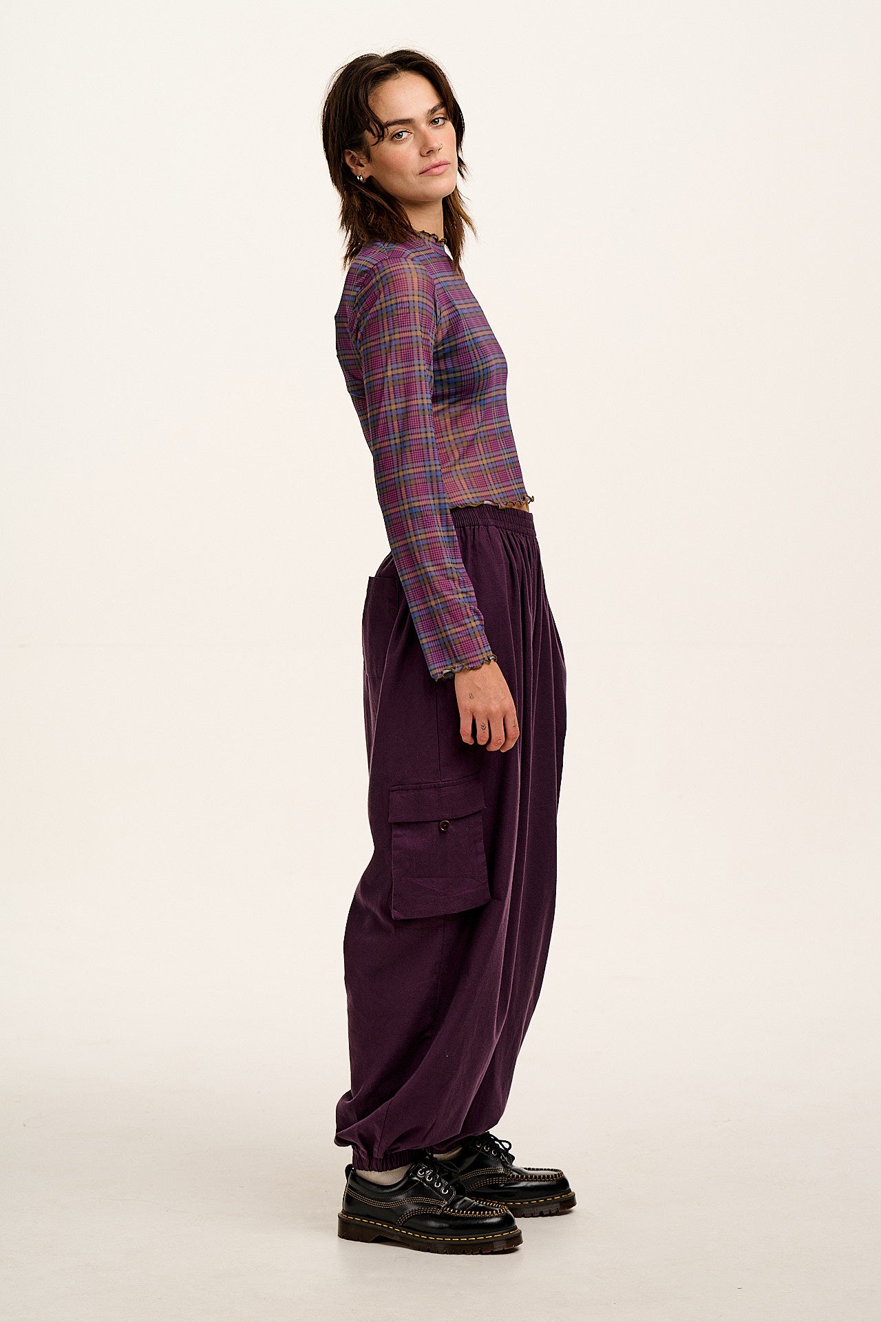 Perrie - Long Sleeve Mesh Top in Purple Grunge Check