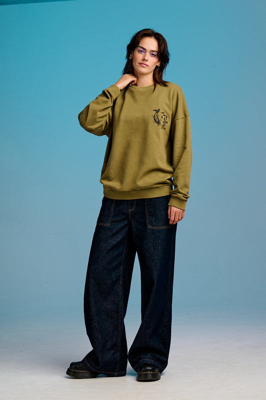 Sutton - Cotton Oversized Sweatshirt in Khaki Koi Print