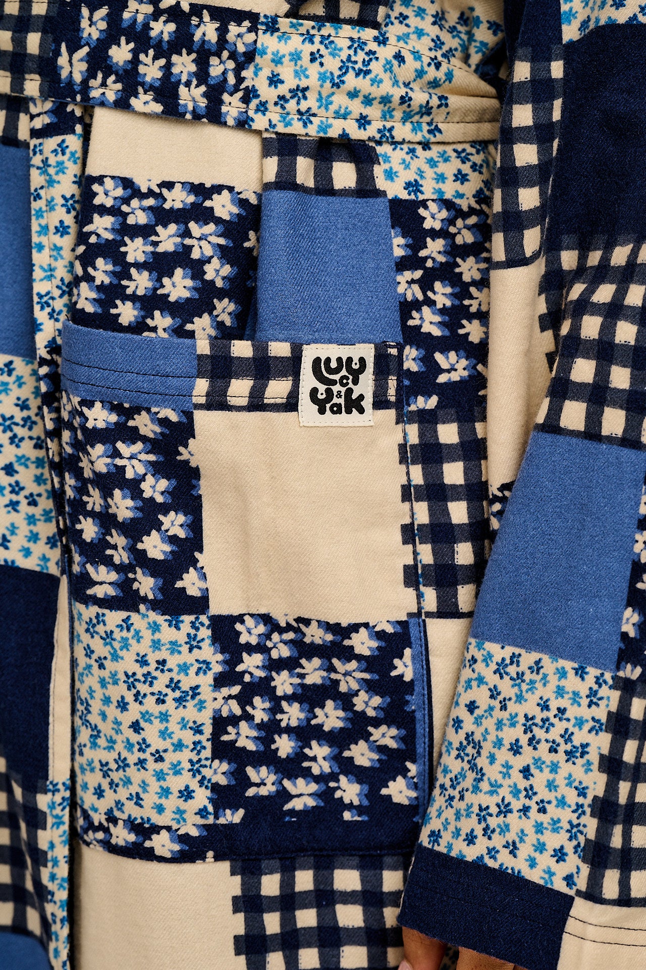Braydon - Brushed Cotton Robe in Inked Blue Patchwork