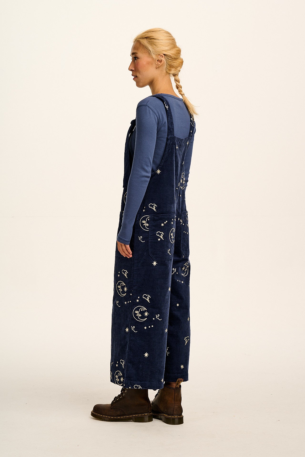 Jenny - Wide Leg Corduroy Dungaree in Blue Celeste Embroidery