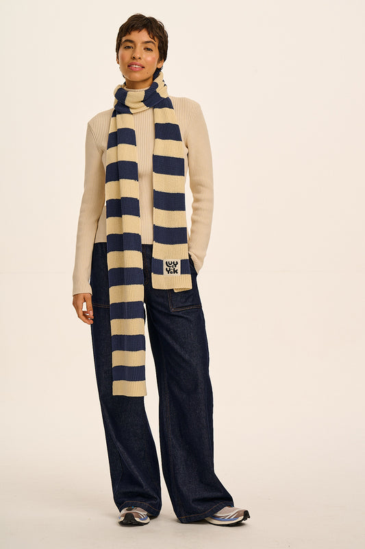 Aroha - Knitted Scarf in Blue and Ecru Stripe