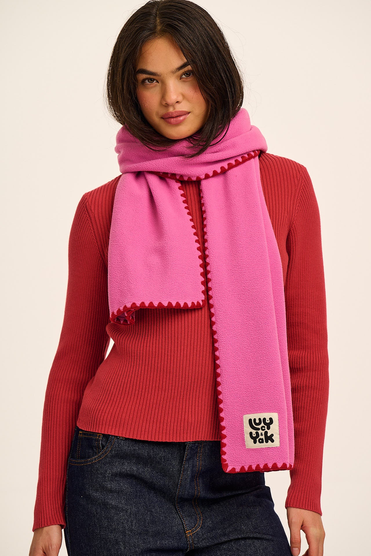 Kiri - Polar Fleece Blanket Stitch Scarf in Pink & Red – Lucy & Yak