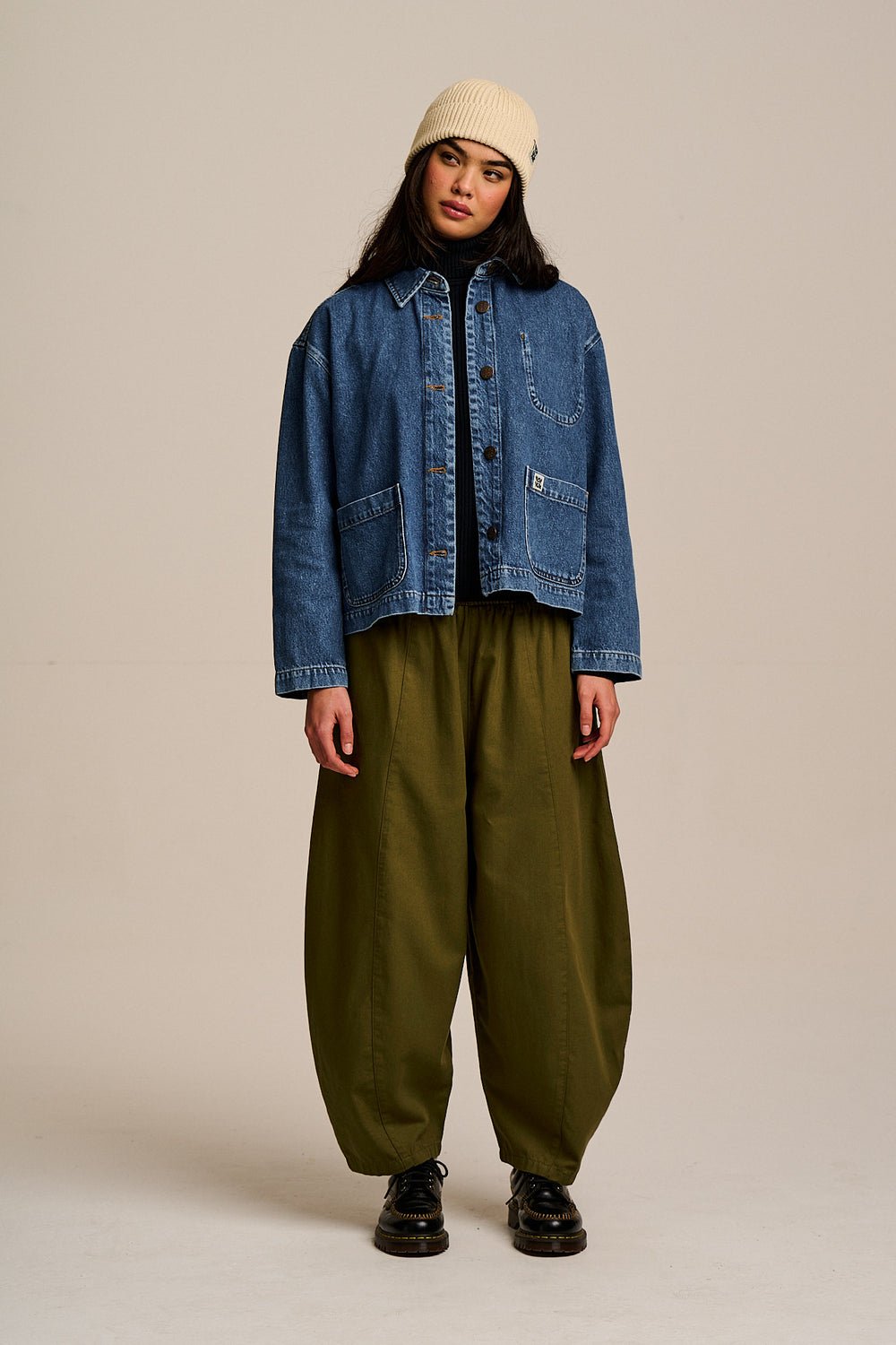 Obregon - Barrel Leg Cotton Trousers in Khaki Green