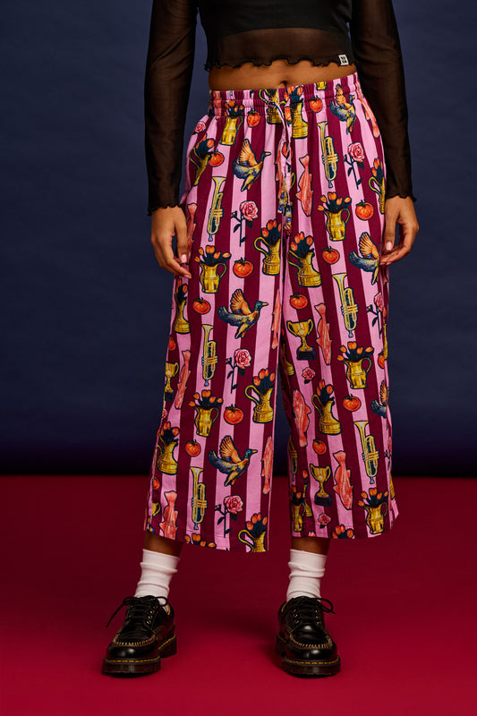 L.E. Chuck - Wide Leg Cotton Trousers in Artist Print by Emily Furr & Yak