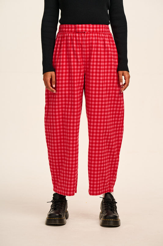 Beau - Barrel Leg Brushed Cotton Trousers in Pink and Red Gingham