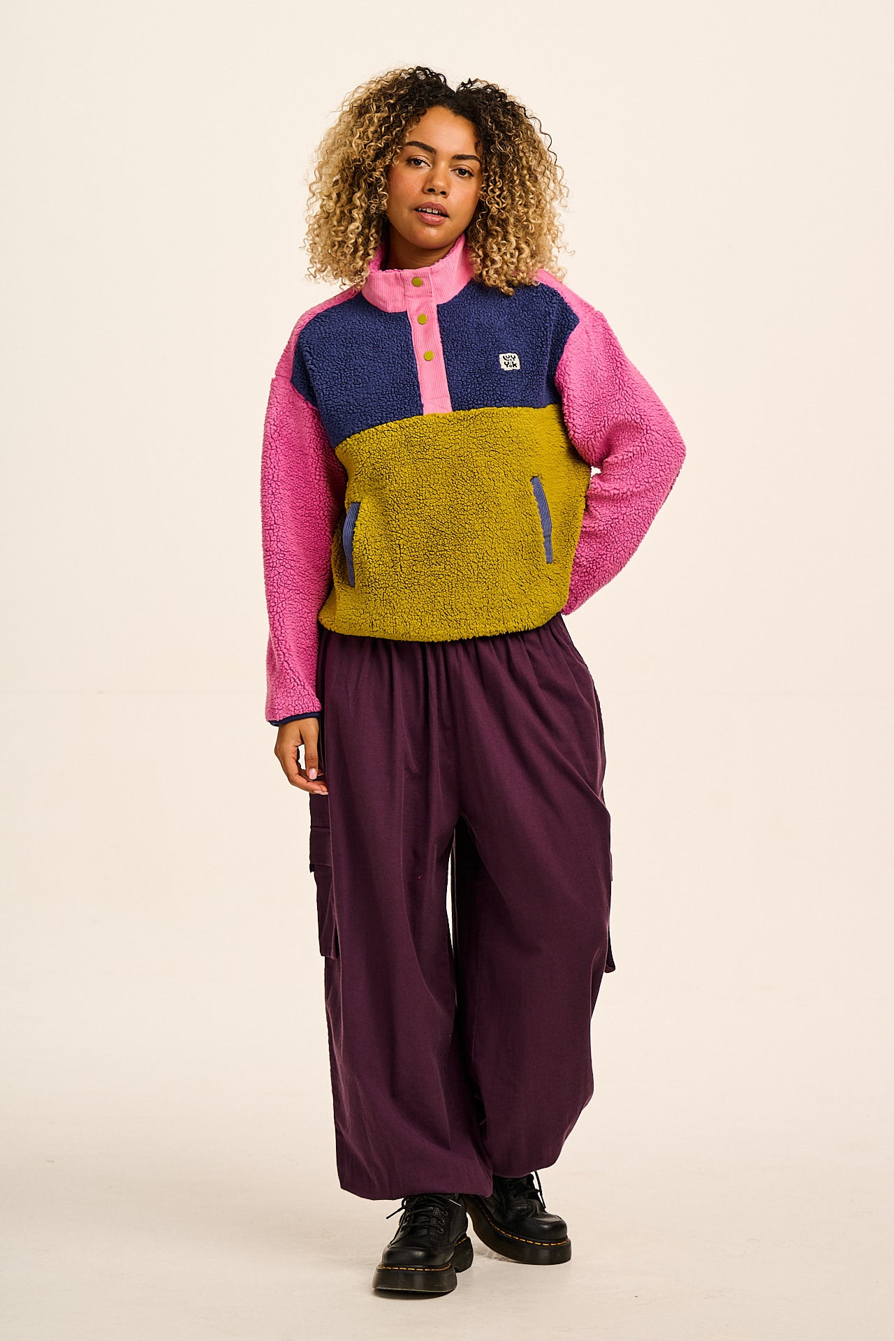 Marlow - Lightweight Button Down Borg Fleece in Bright Colour Block