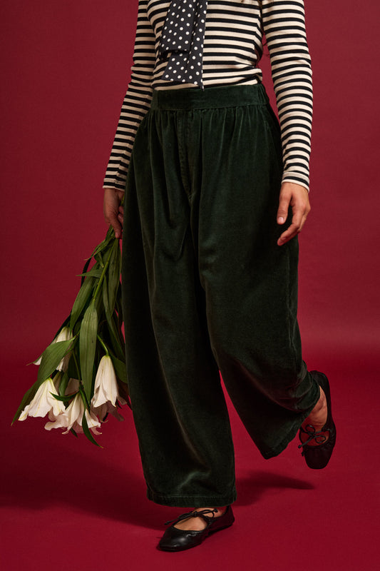 Beau - Barrel Leg Cotton Velvet Trousers in Jade
