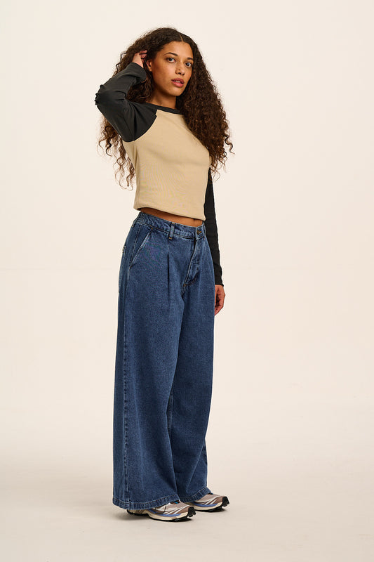 Tate - Denim Extra Wide Leg Jeans in Mid Wash Blue