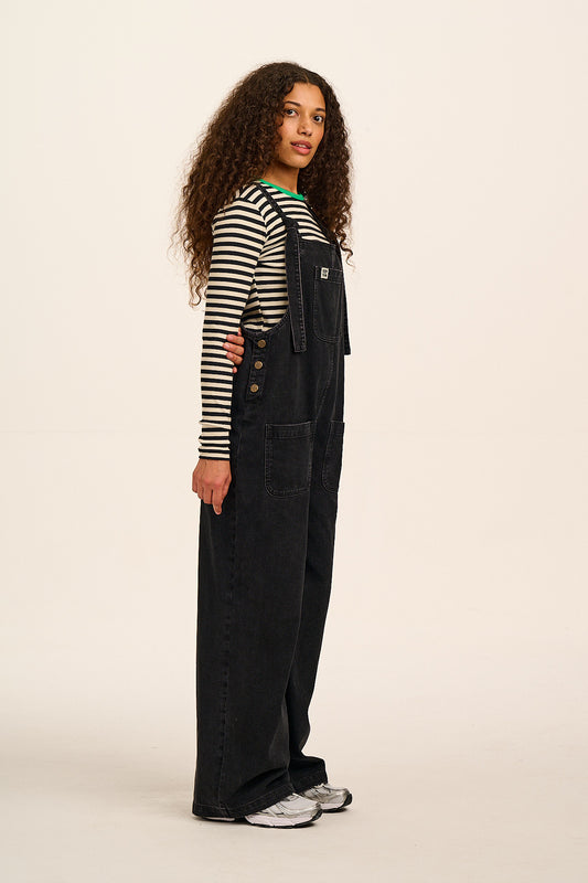Ali - Wide Leg Denim Dungarees in Washed Black