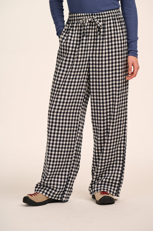 Norris - Wide Leg Cotton Trousers in Black and White Gingham