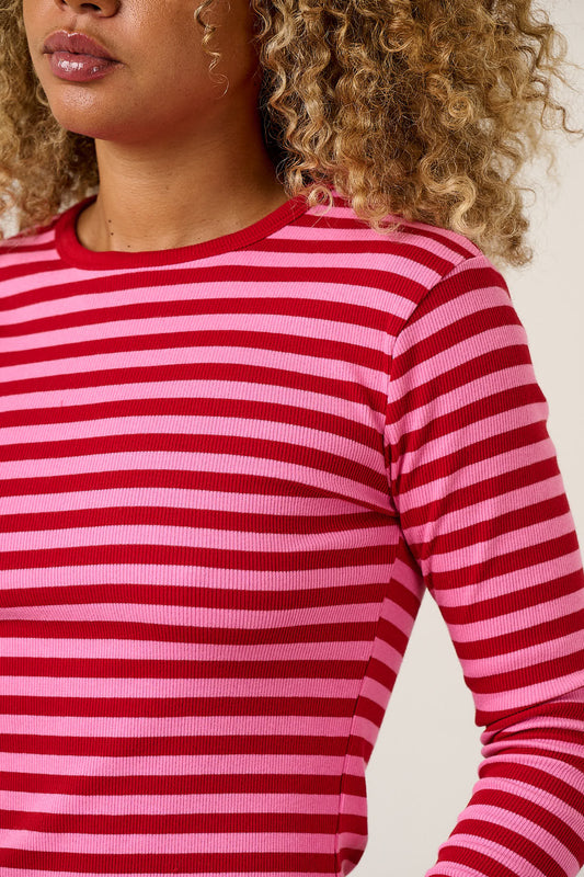 Grayson - Long Sleeve Cotton T-Shirt in Pink & Red Stripe