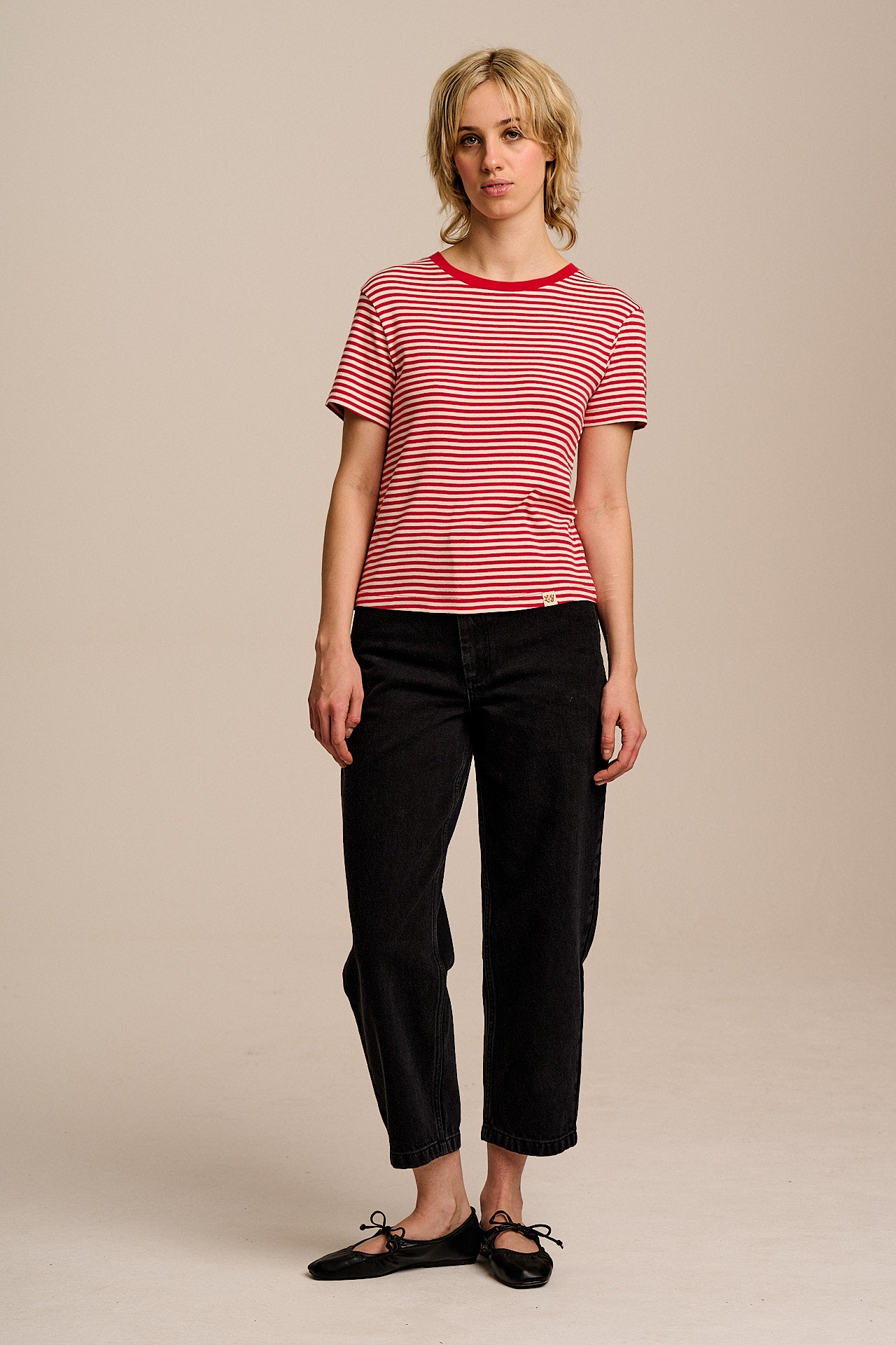 Maya - Cotton T-Shirt in Red & Ecru Stripe with Tulip Embroidery