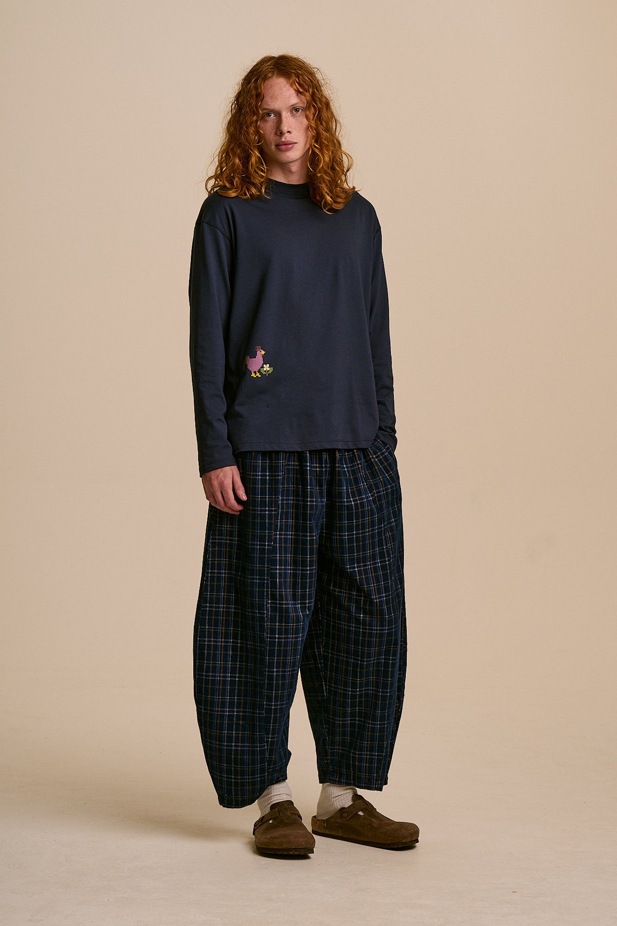 Murat - Long Sleeve Lightweight T-Shirt in Navy Cross Stitch Print