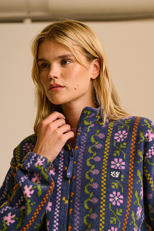 Nicks - Full Zip Polar Fleece in Navy Folk Floral