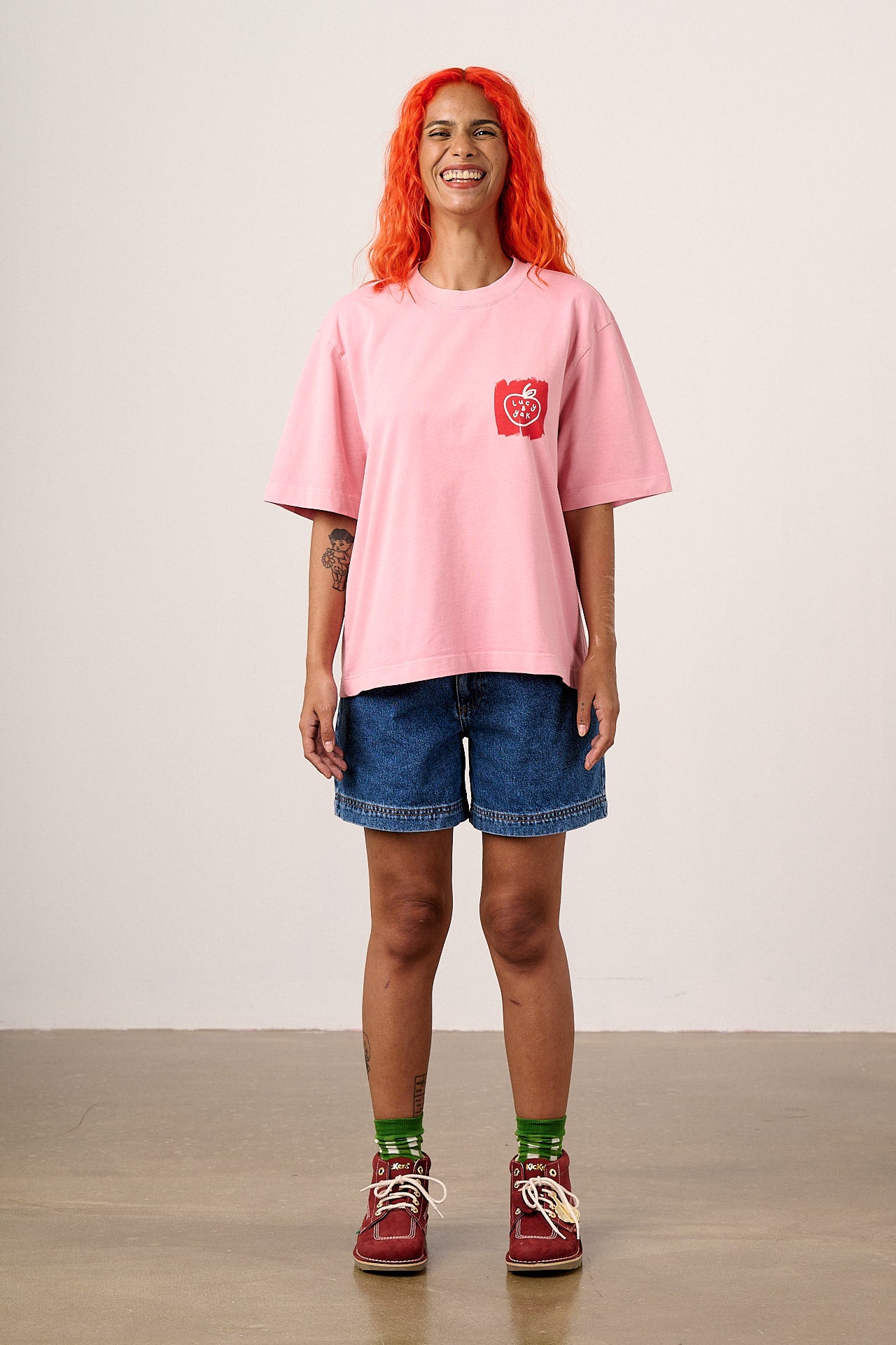 Noa - Cotton Heavyweight Boxy T-Shirt in Washed Pink & Red Blurred Checkerboard